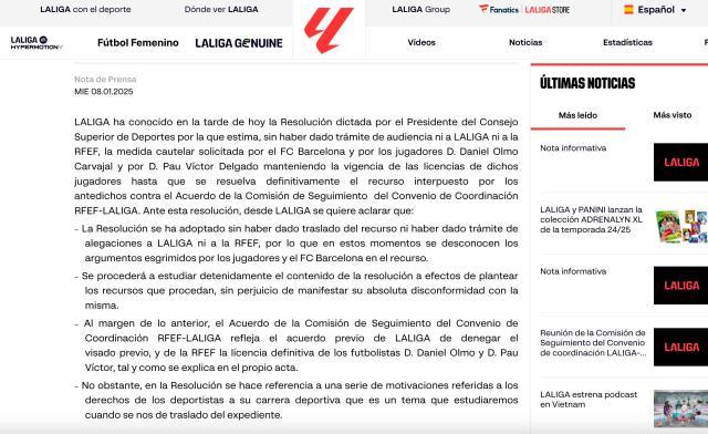 奥尔莫获临时注册 西甲回应:完全不同意这一决议